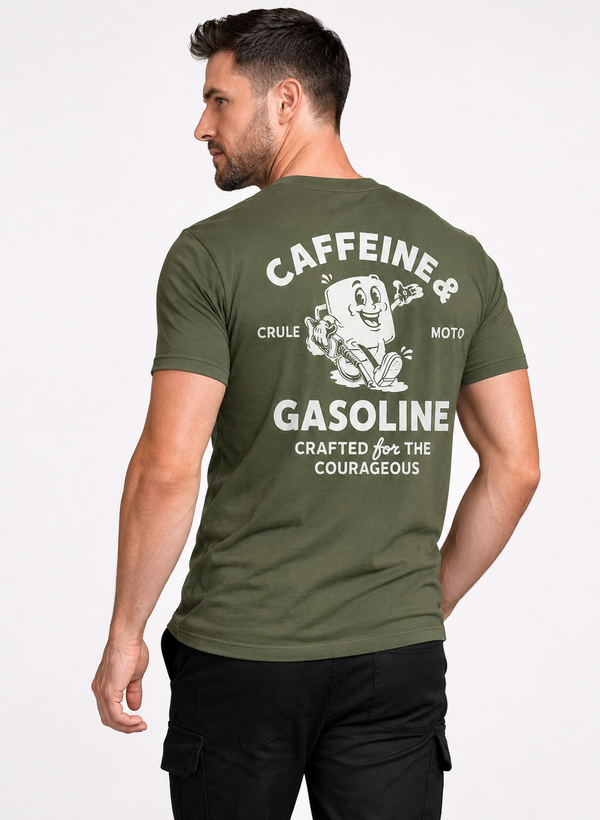 Caffeine & Gasoline Tee - Khaki & White